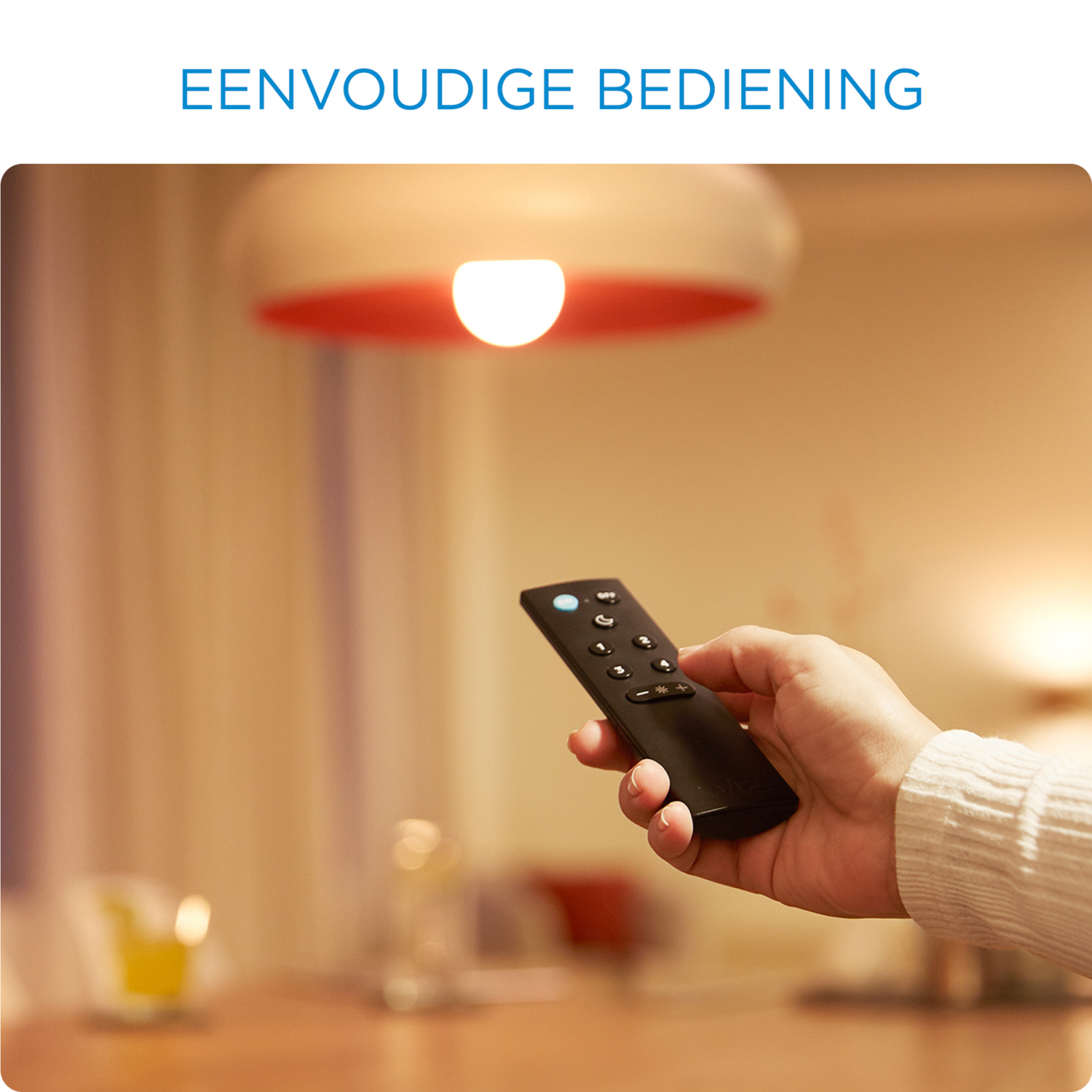 A hand holding a remote control in front of a lamp, with the text 'EENVOUDIGE BEDIENING' at the top.