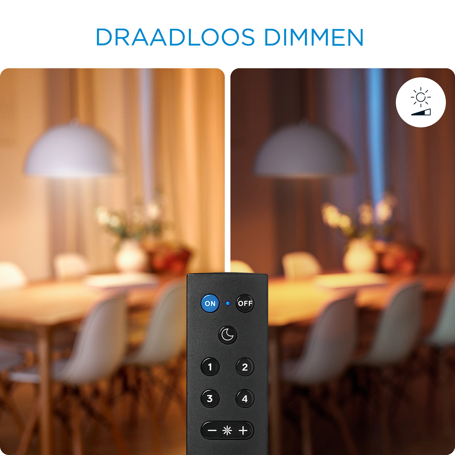Remote showing dimming options, with a background of a room with lights on and off.