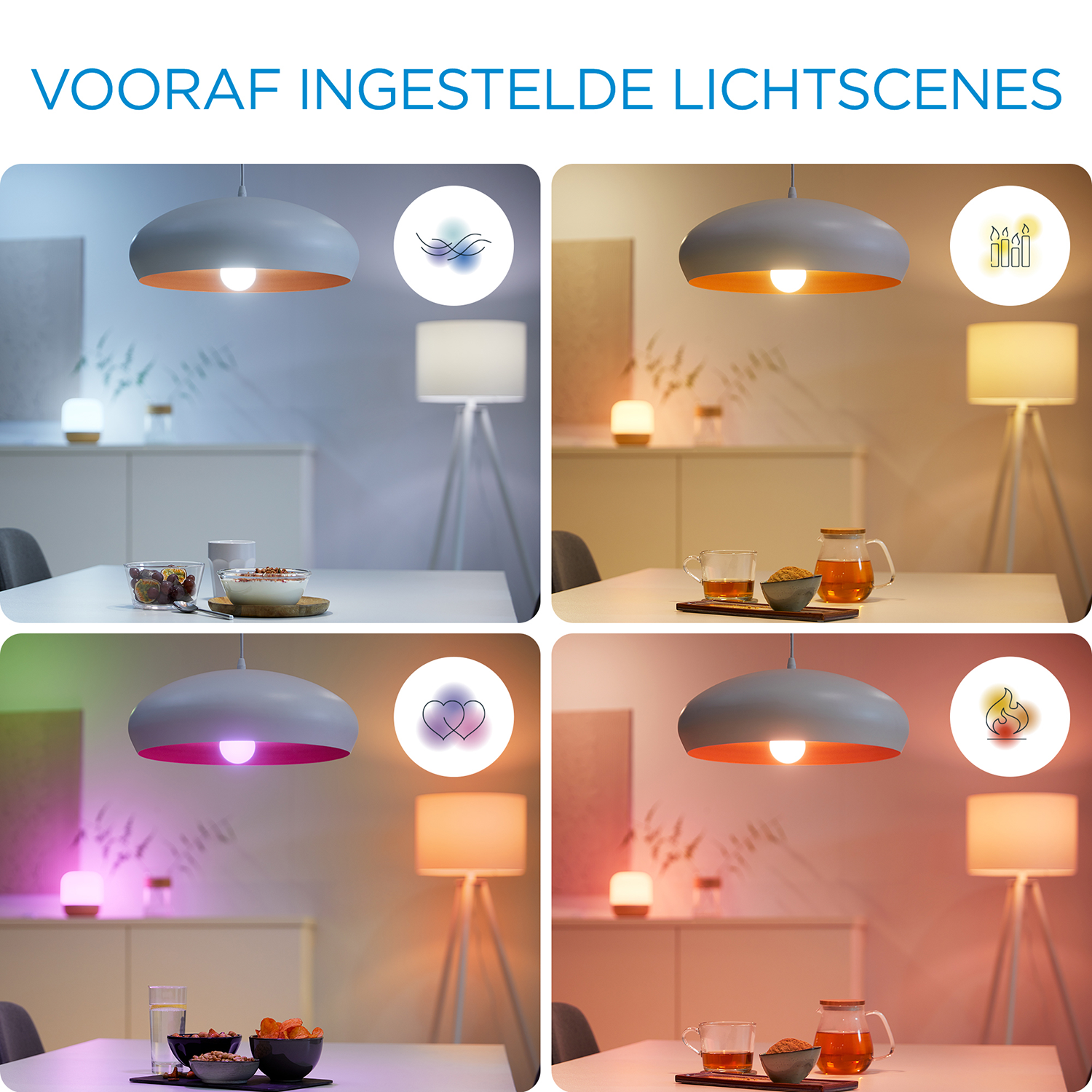 Four lighting scenes with a pendant light, a lamp, and a table, with different colors.