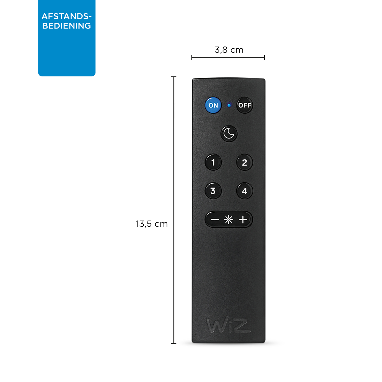Black remote control. On/Off buttons, numbered buttons, and light control buttons. White bckground.