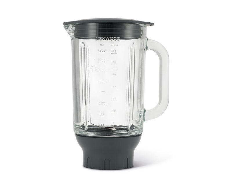 Klarer Glas-Mixerbehälter mit Griff, schwarzem Sockel und Oberteil. Weißer Hintergrund.