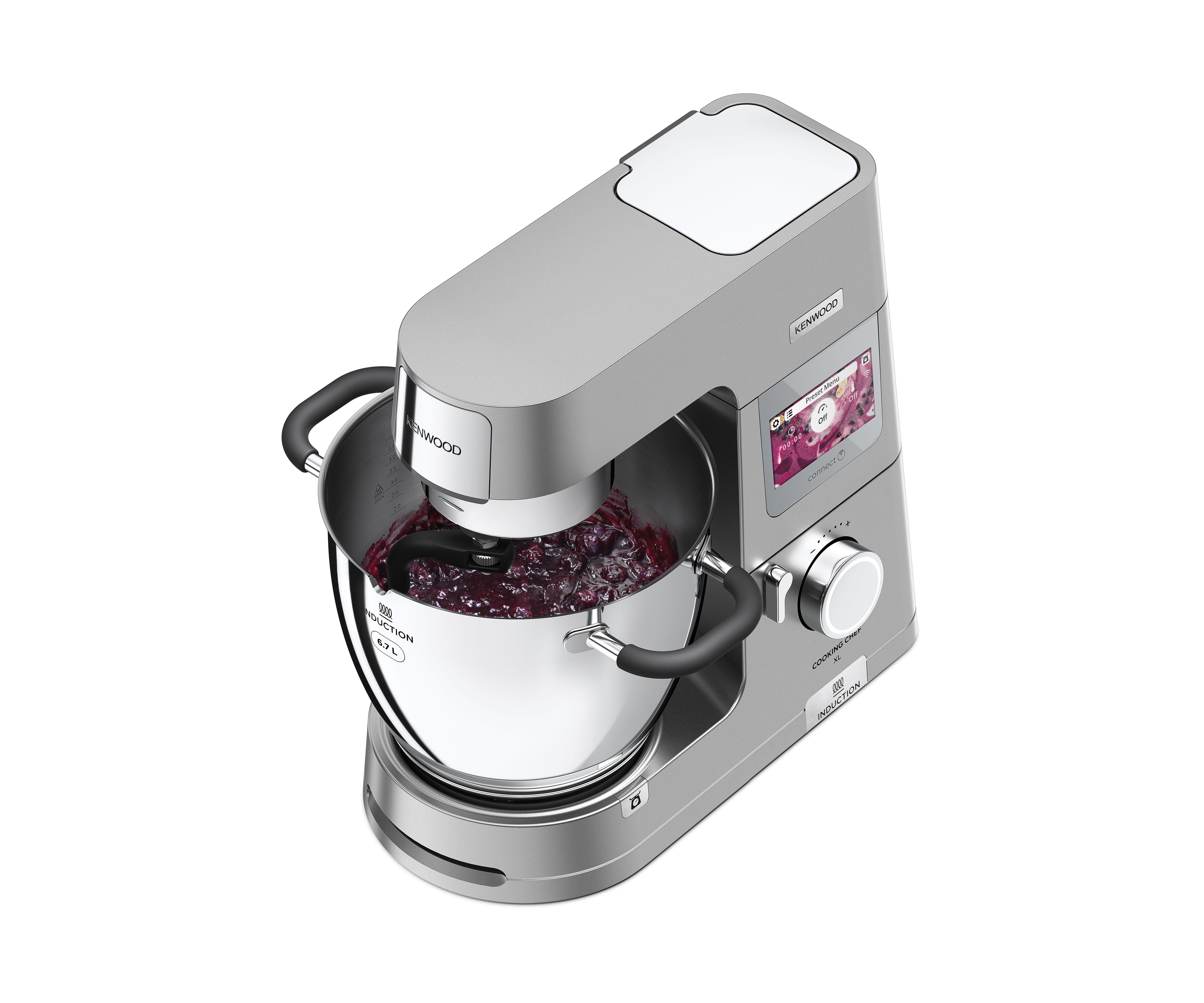Ein silberner Kenwood-Küchenmixer mit einer Edelstahlschüssel mit lila Substanz.