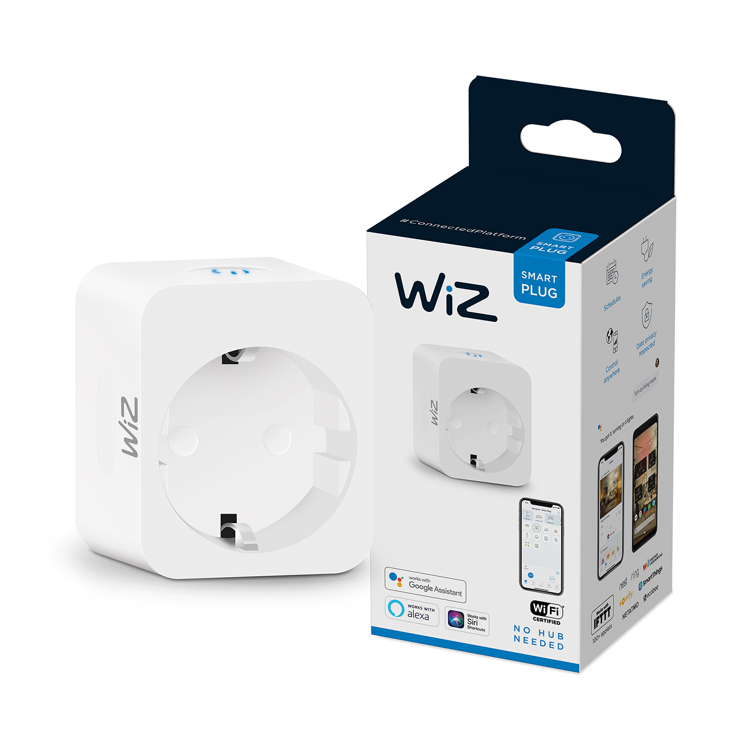 A white WiZ smart plug in its packaging, showing the plug and its features.