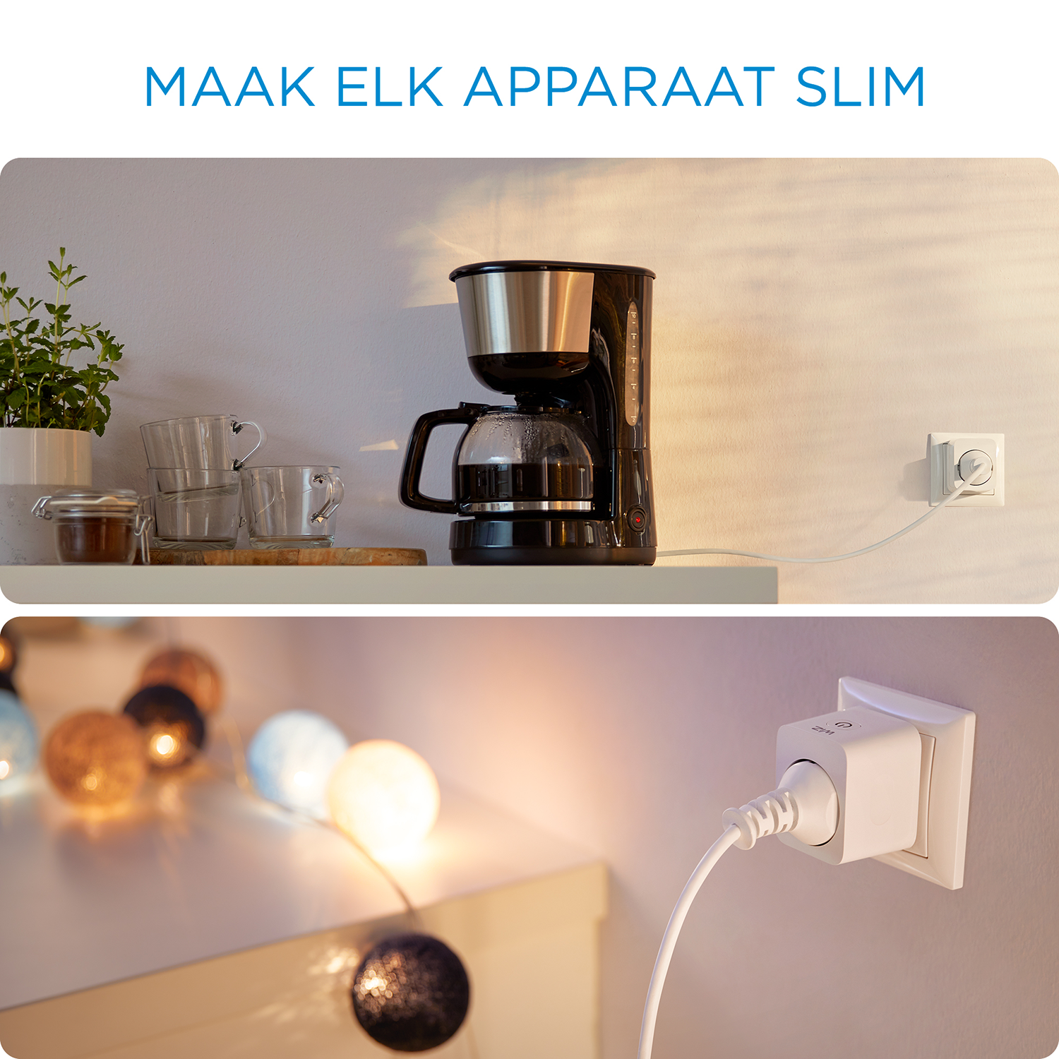 A coffee maker is plugged into a smart plug, along with fairy lights connected to a smart plug.