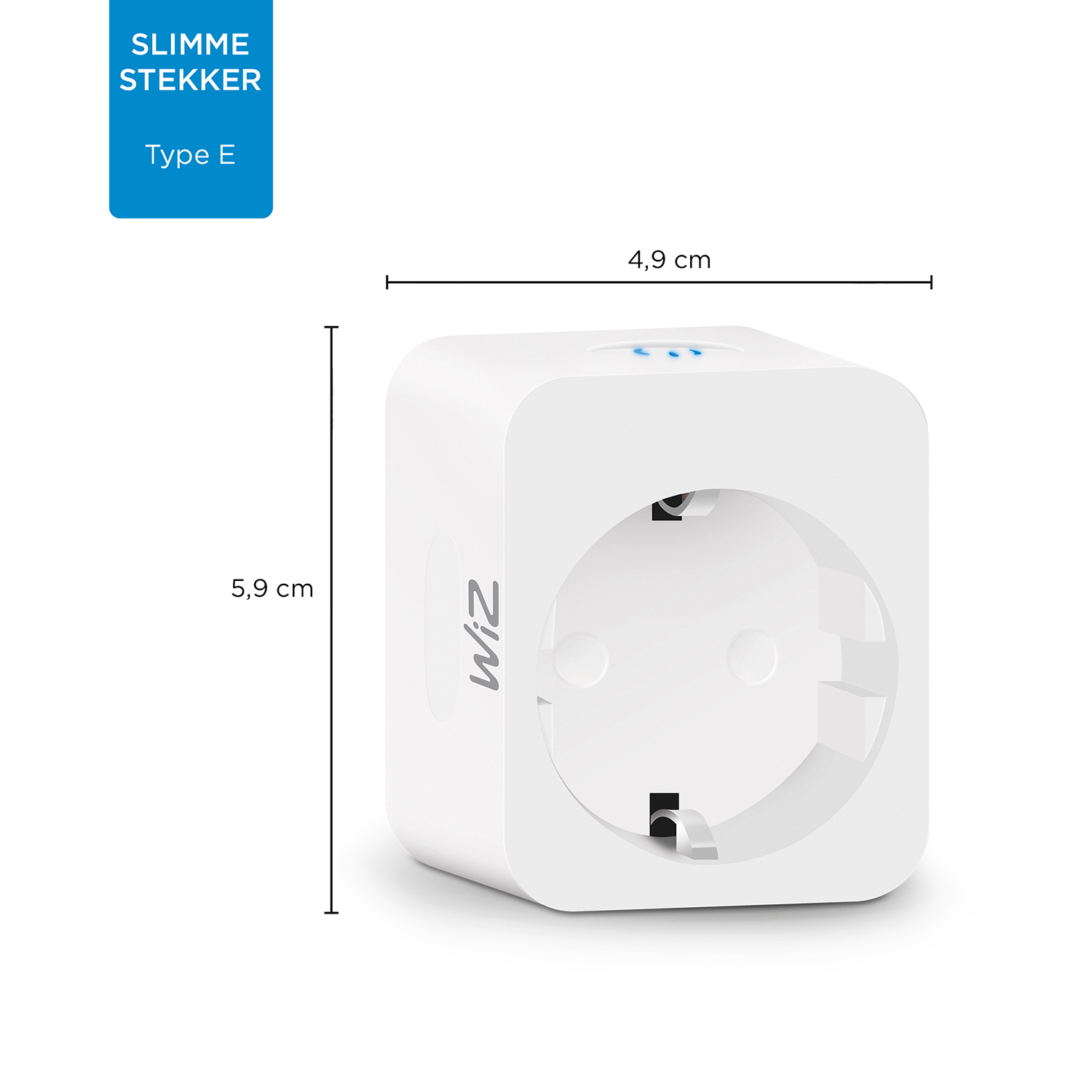 A white smart plug with a US type E plug, measurements and a blue label.
