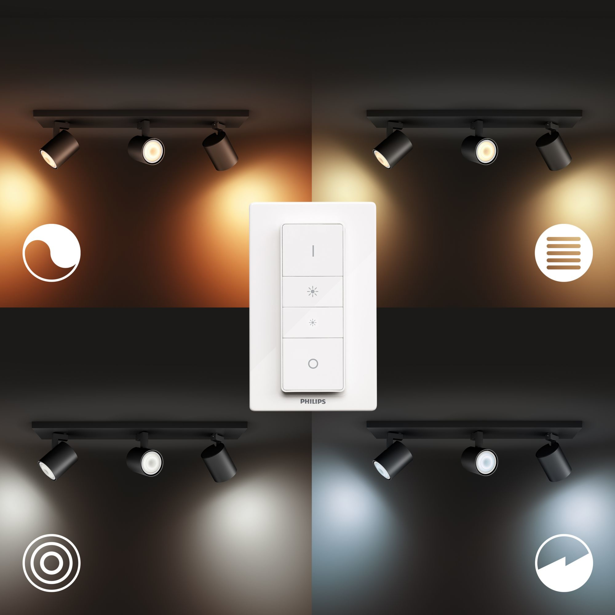 Lámpara - Philips Hue Ambiance White Runner, 3 focos LED, Mando, Tono variable, Bluetooth, Negro