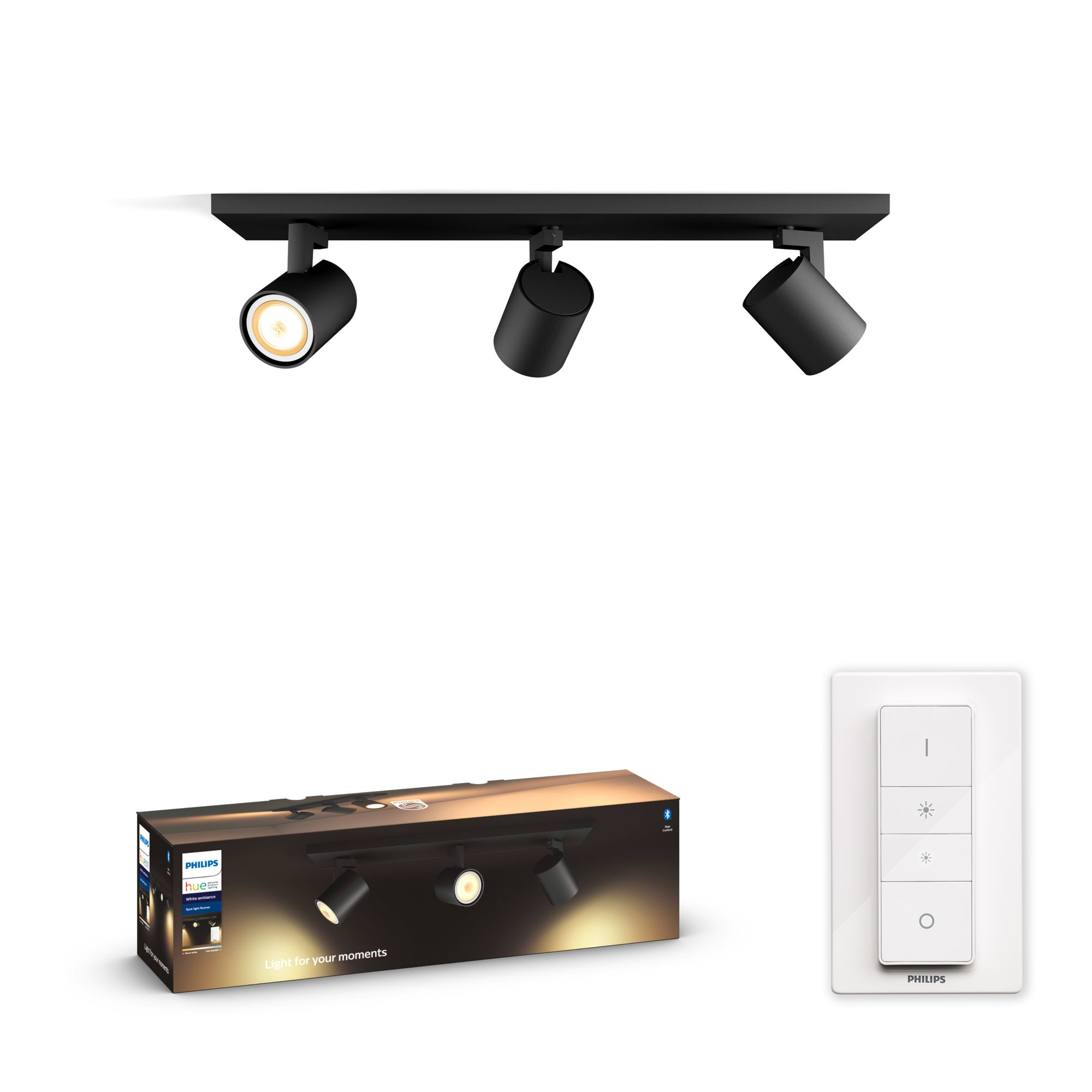 Lámpara - Philips Hue Ambiance White Runner, 3 focos LED, Mando, Tono variable, Bluetooth, Negro