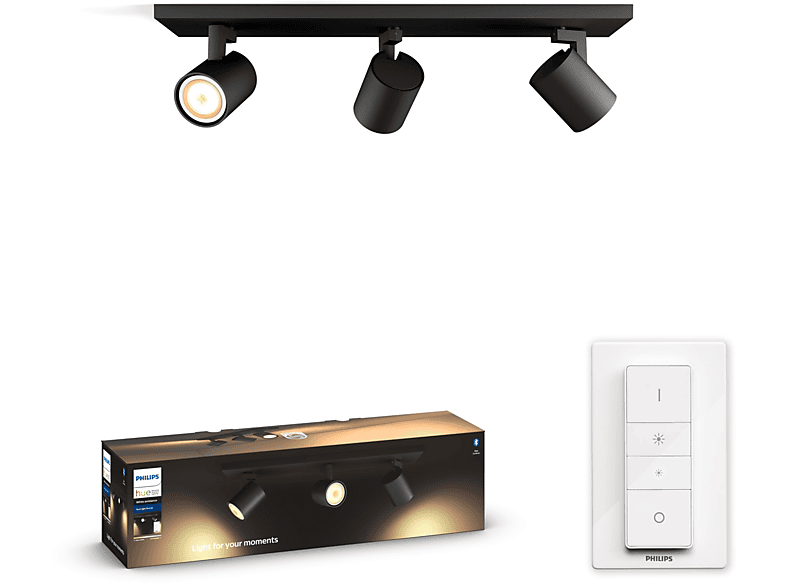 Lámpara Bluetooth - Philips Hue Ambiance White Runner, 3 focos LED, Mando, Tono variable, Negro