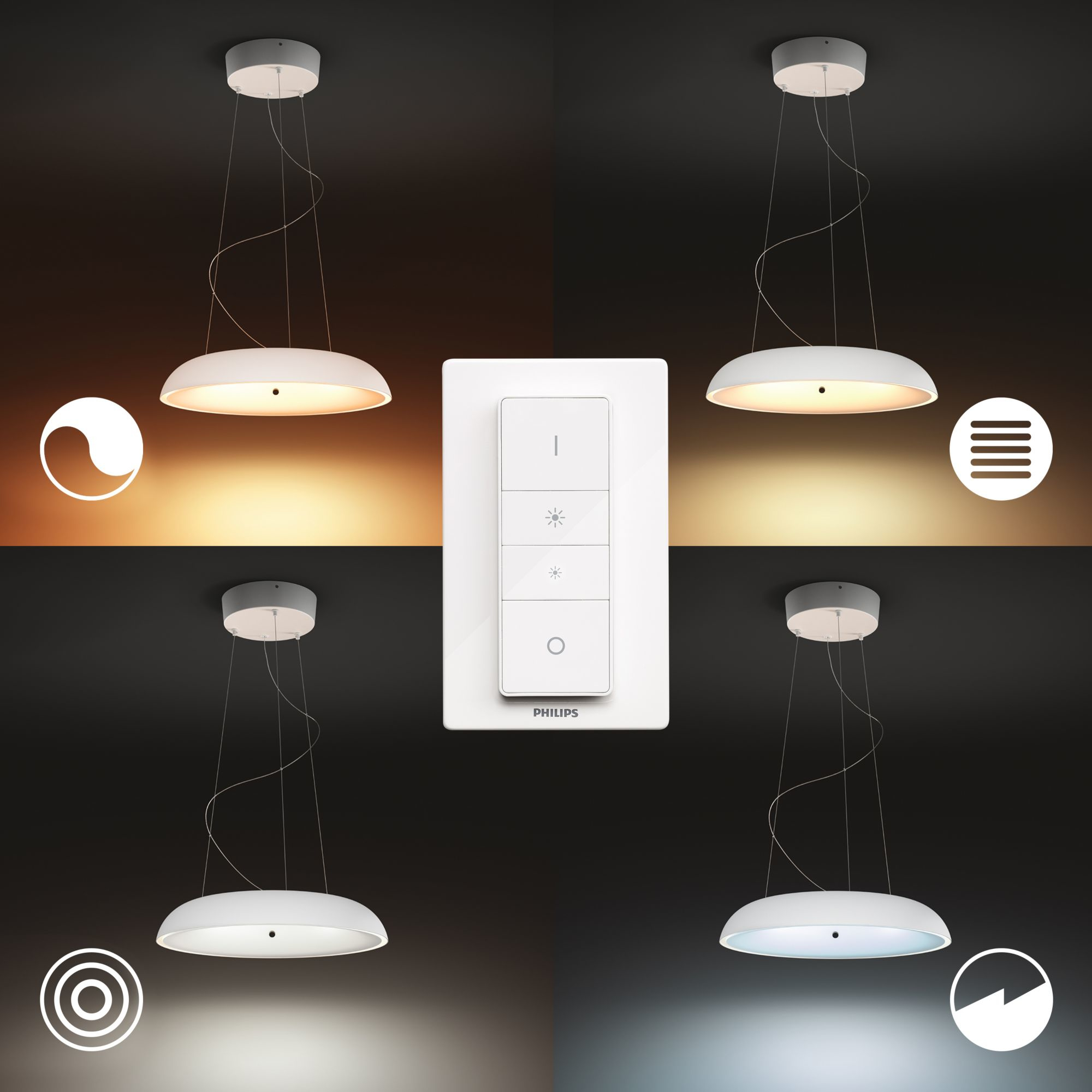 Cuatro lámparas colgantes blancas con diferentes ajustes de luz junto a un mando a distancia.