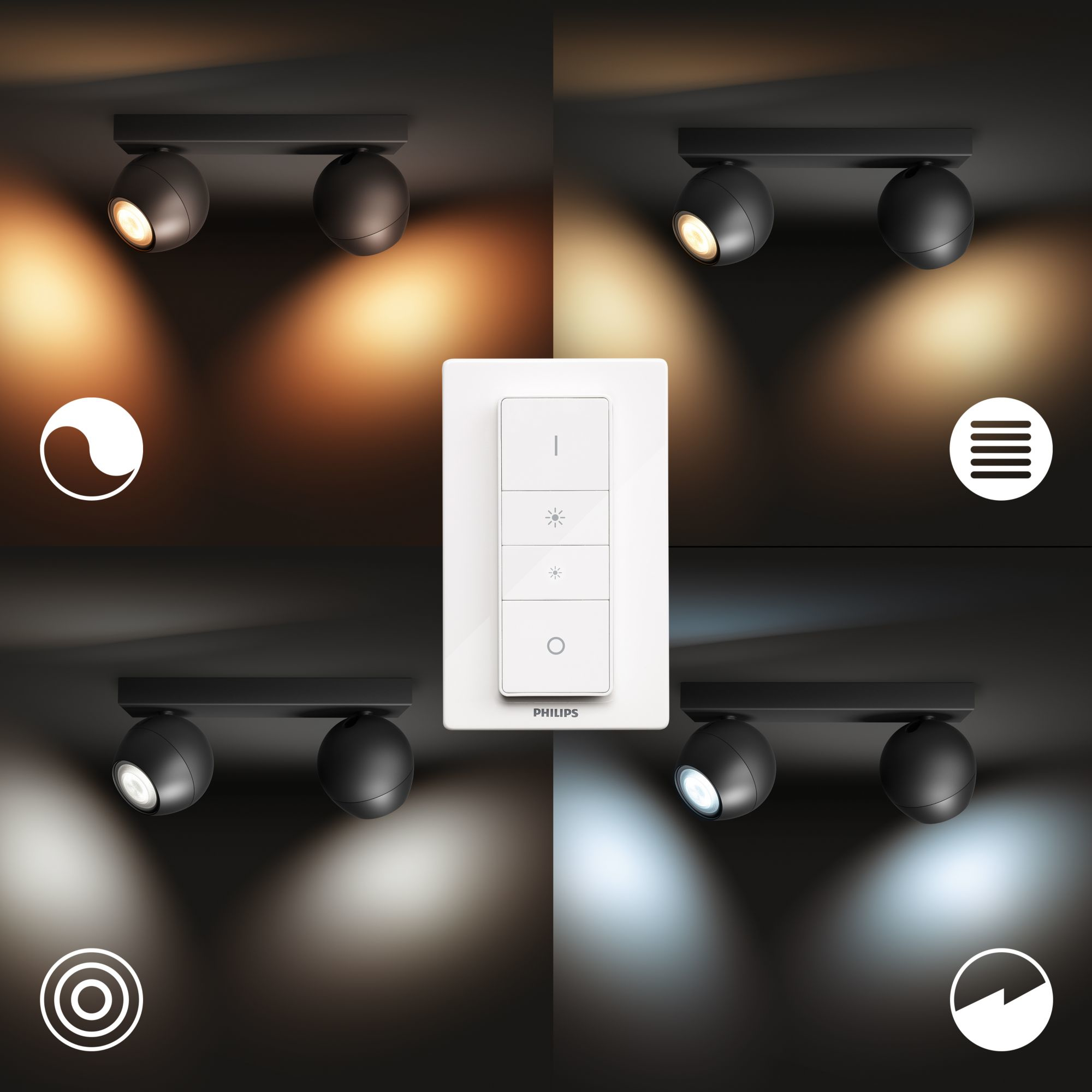 Un panel con cuatro configuraciones de luz y un interruptor de control Philips.