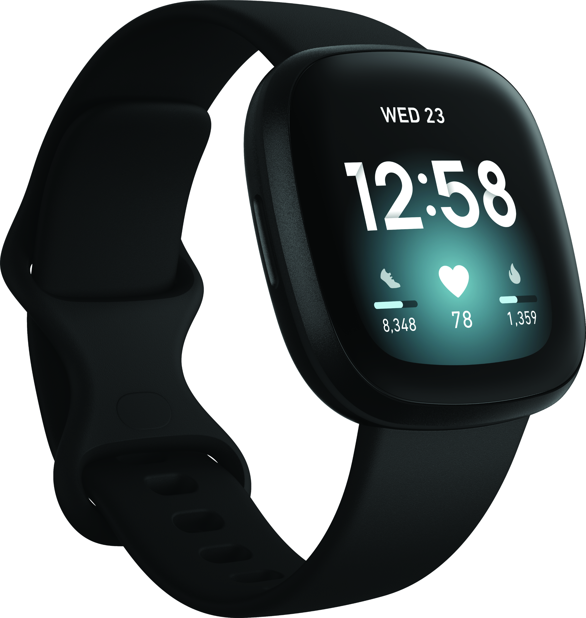 Eine schwarze Fitbit Versa 3 Smartwatch, die Datum und Statistiken anzeigt. Ein schwarzes Armband ist angebracht.