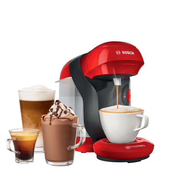 Rote Tassimo Kaffeemaschine, mit Tassen Kaffee und Schokoladengetränken.