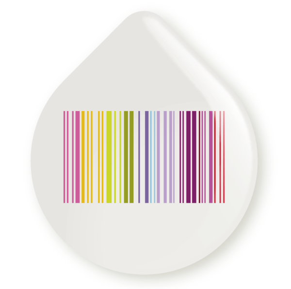 Ein weißer Tränenaufkleber mit einem Barcode aus vertikalen Farbstreifen.