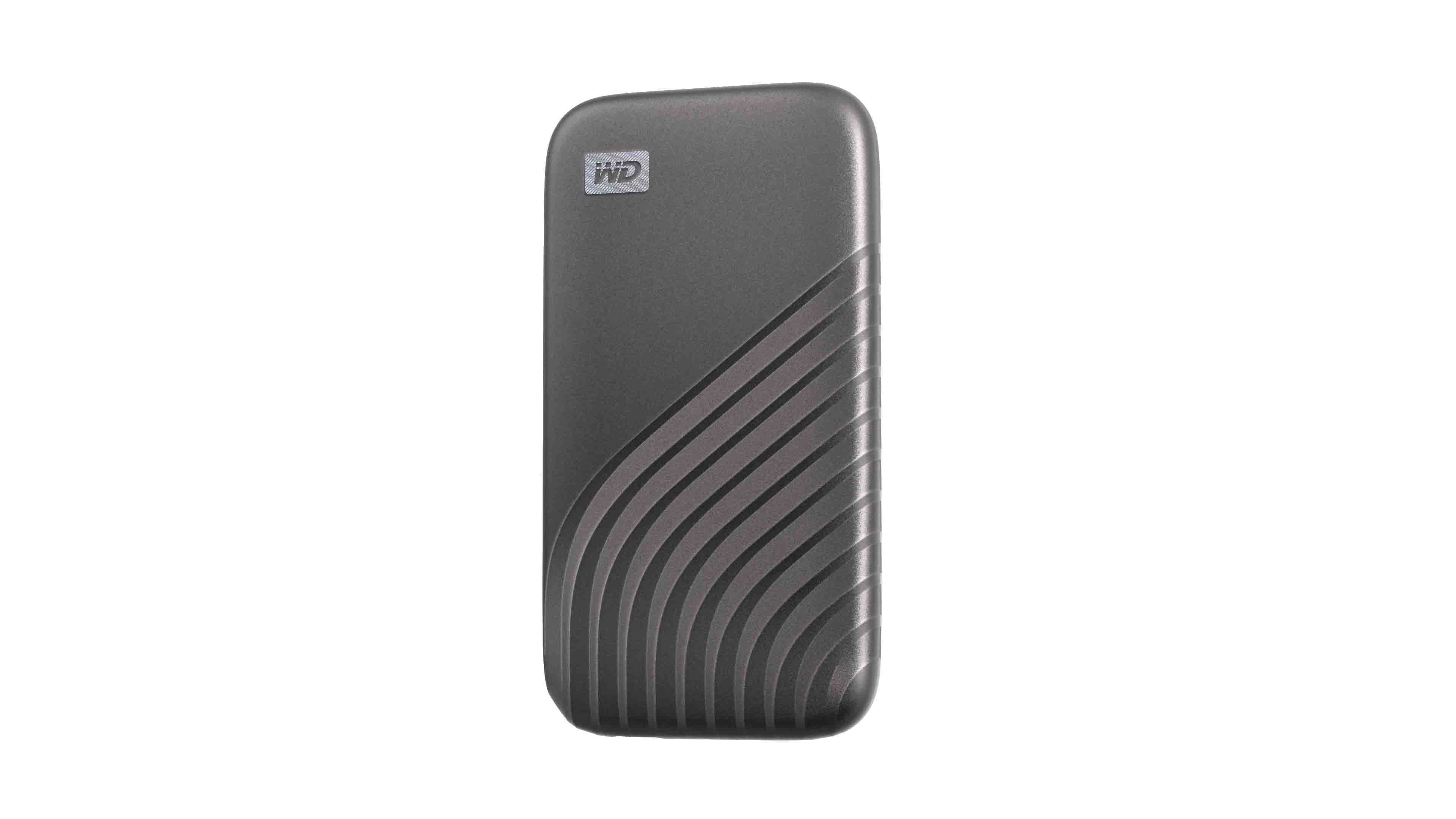 Graue WD externe Festplatte, Draufsicht. Die Festplatte hat ein geriffeltes Design.