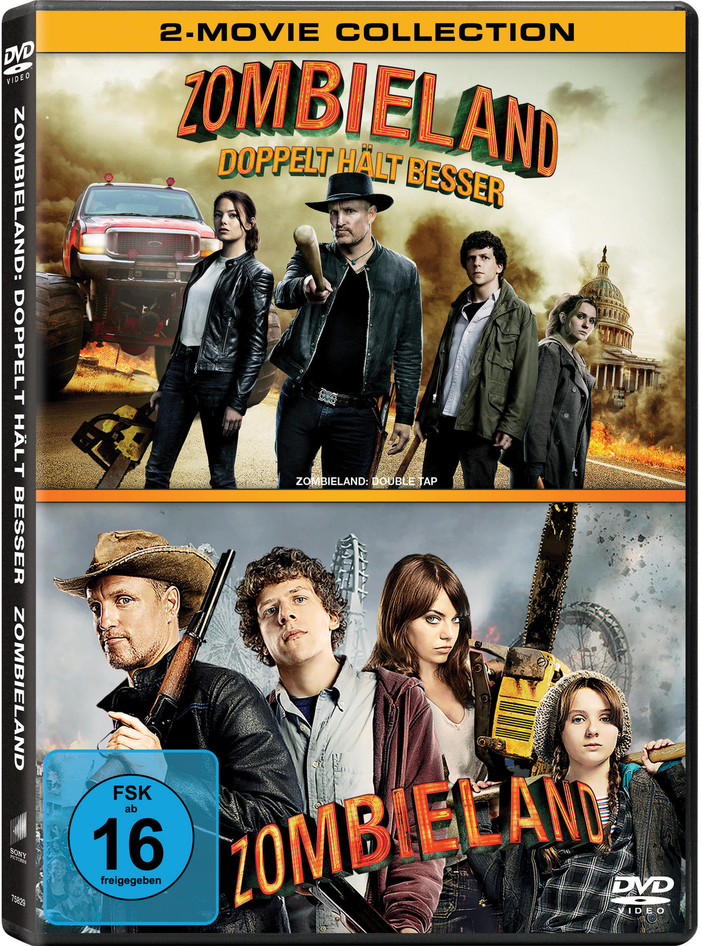 DVD-Cover für 'Zombieland: Doppelt hält besser' mit Darstellerbildern und Zombie-Apokalypse-Motiv.