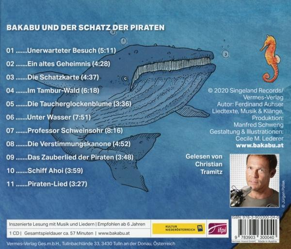 Rückseite der CD-Hülle mit Text, einer Wal-Illustration und einem Seepferdchen. Der Text ist auf Deutsch.