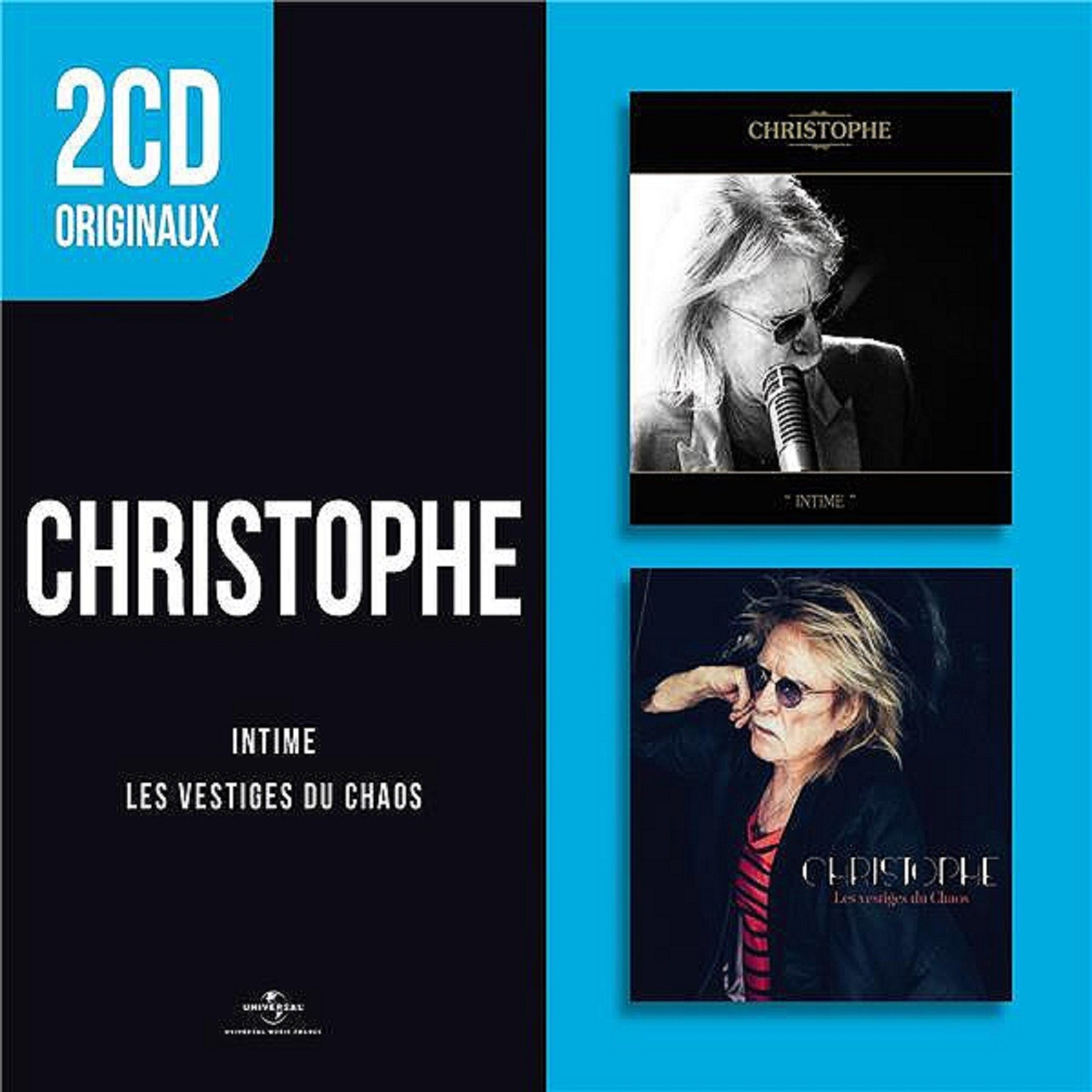 Albumhoes set van 'Christophe', met twee albumhoezen en tekst in het Frans, op een blauwe achtergrond.
