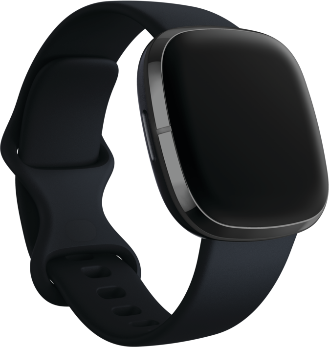 Smartwatch Fitbit nero, vista laterale. Il cinturino è ad anello e collegato all'orologio.