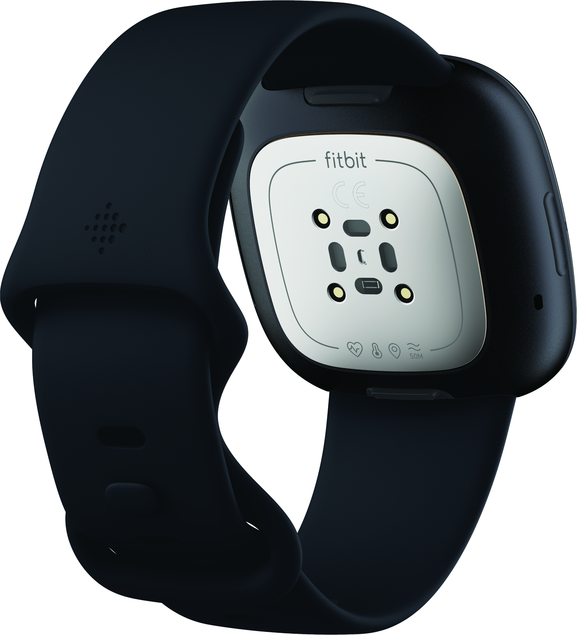 Vista posteriore di uno smartwatch Fitbit Versa 4 nero, che mostra il sensore e i punti di ricarica.