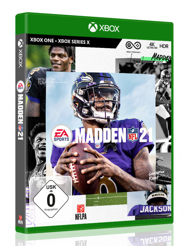 Madden 21 Spielverpackung mit Footballspieler vorne, und dem XBOX Logo.