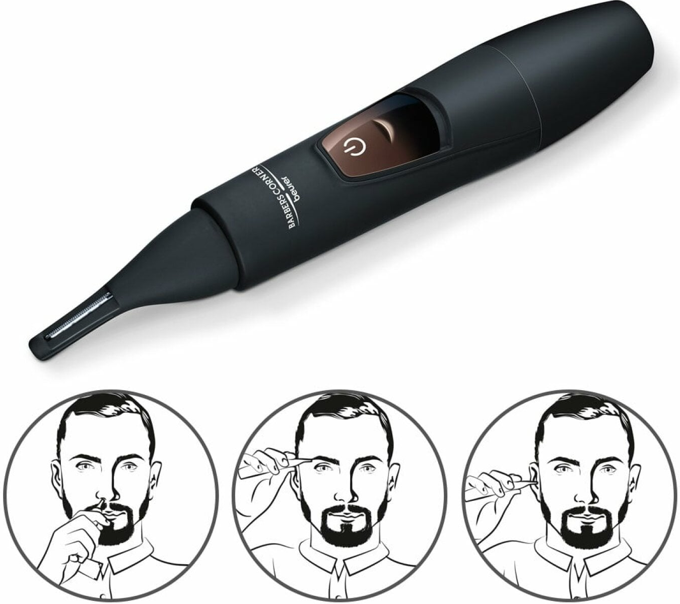 Tagliacapelli nero per peli del naso con tre illustrazioni d'uso.