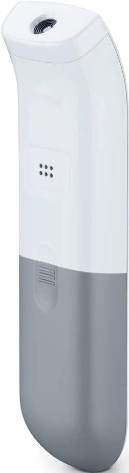Un termometro digitale bianco e grigio dal design elegante, visto su sfondo bianco.