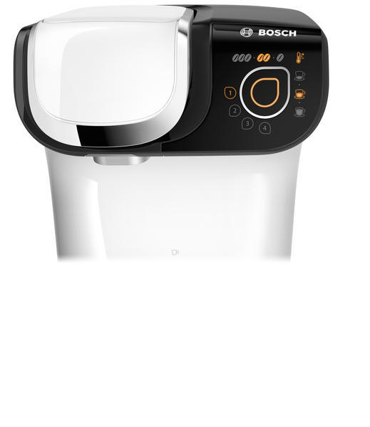 Draufsicht auf eine weiß-schwarze Bosch Kaffeemaschine, isoliert auf Weiß.