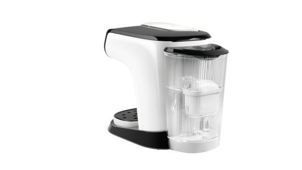 Weiß-schwarze Kaffeemaschine mit durchsichtigem Wasserbehälter.