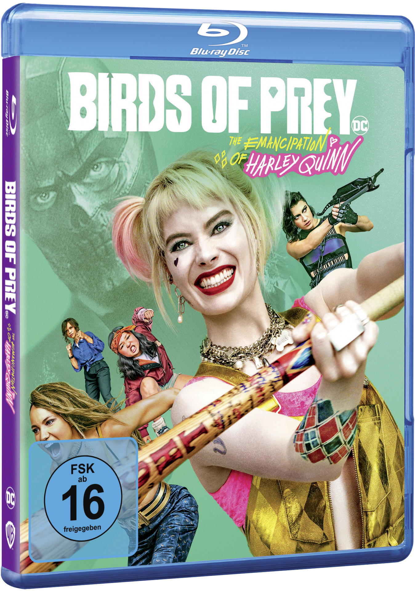 Ein Birds of Prey Blu-ray Disc-Cover mit Harley Quinn und anderen weiblichen Charakteren.