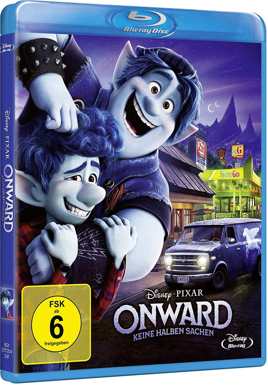 Onward Blu-ray Cover mit animierten Charakteren, zwei blauhäutige Figuren.