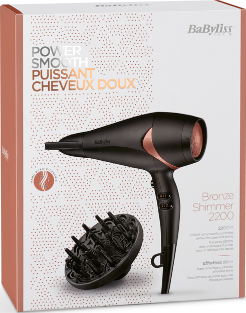Un sèche-cheveux et un diffuseur Babyliss sur une boîte. La boîte a un fond blanc et du texte en français.