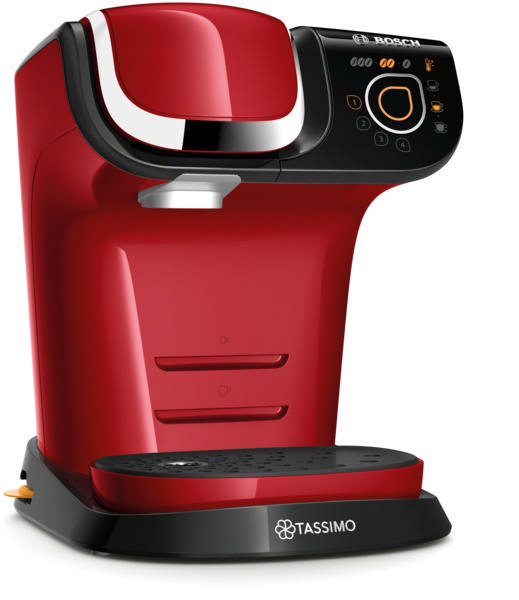Rote und schwarze Bosch Tassimo Kaffeemaschine. Sie hat ein Bedienfeld oben und eine Abtropfschale unten.