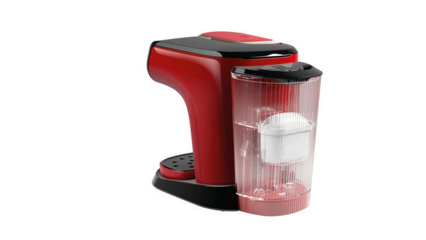 Rote und schwarze Kaffeemaschine mit transparentem Wassertank.