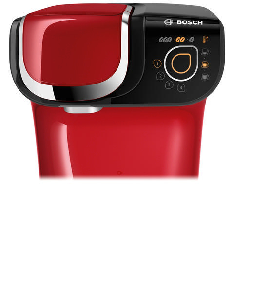 Rote und schwarze Bosch Kaffeemaschine auf weißem Hintergrund.