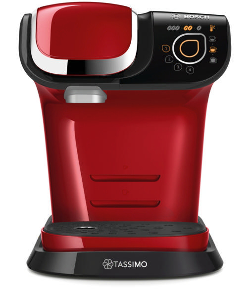 Rote Tassimo-Kaffeemaschine mit schwarzen Akzenten und Knöpfen.