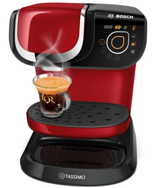 Rote Bosch Kaffeemaschine. Sie hat einen schwarzen Sockel und eine Glastasse mit Kaffee.