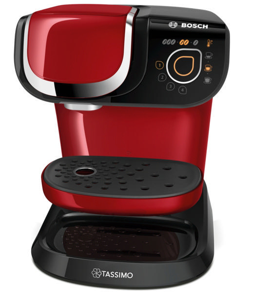 Eine rot-schwarze Kaffeemaschine mit Digitalanzeige und Knöpfen, vor weißem Hintergrund.
