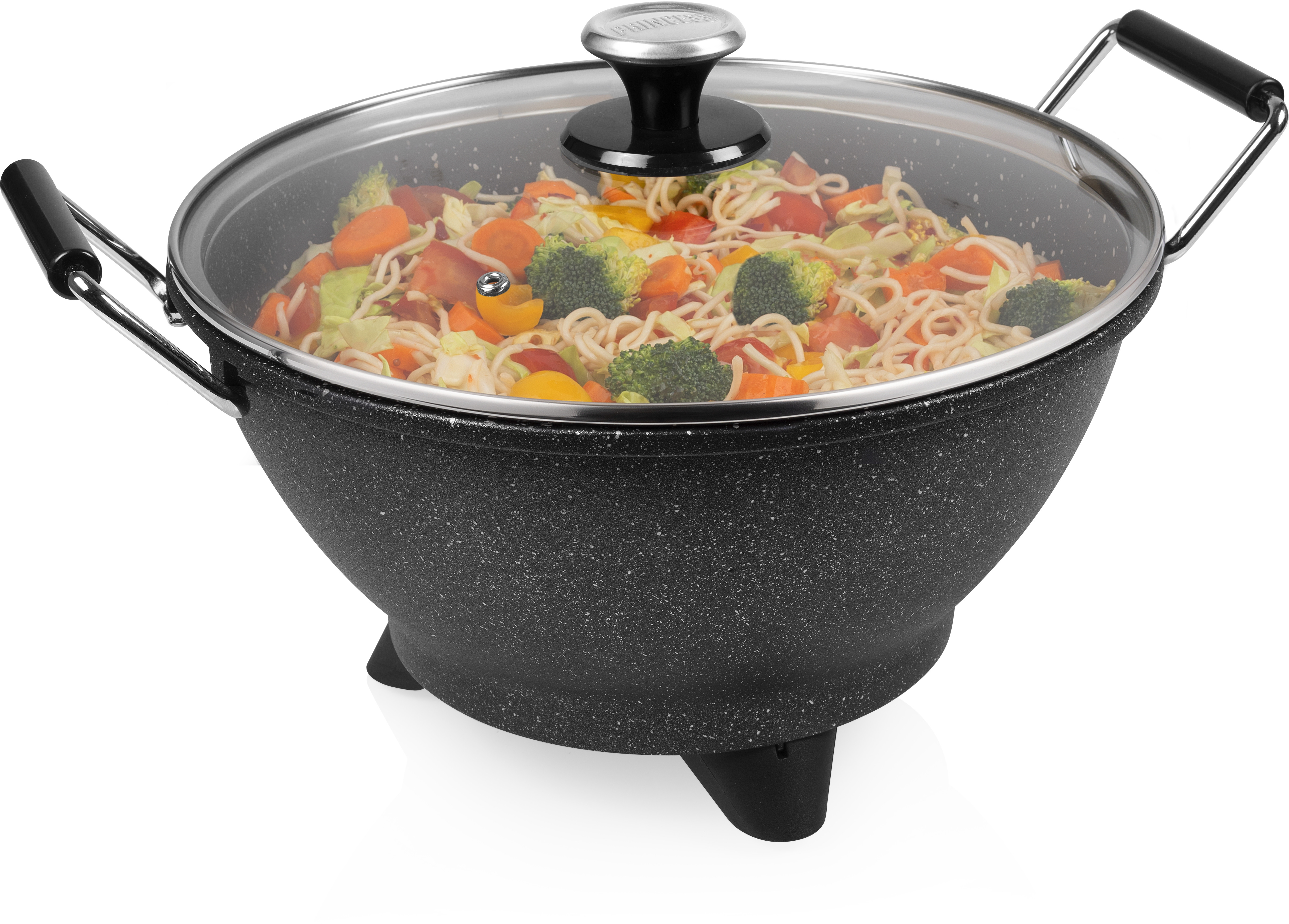A wok with a glass lid filled with noodles, vegetables, and meat.