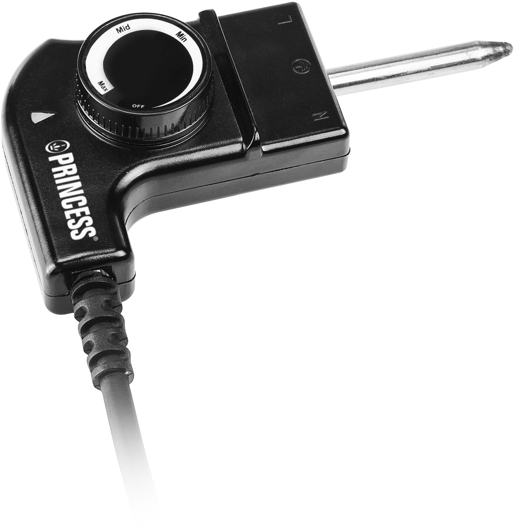 Black Princess electric griddle controller. The dial is set to 'Min'. White background.