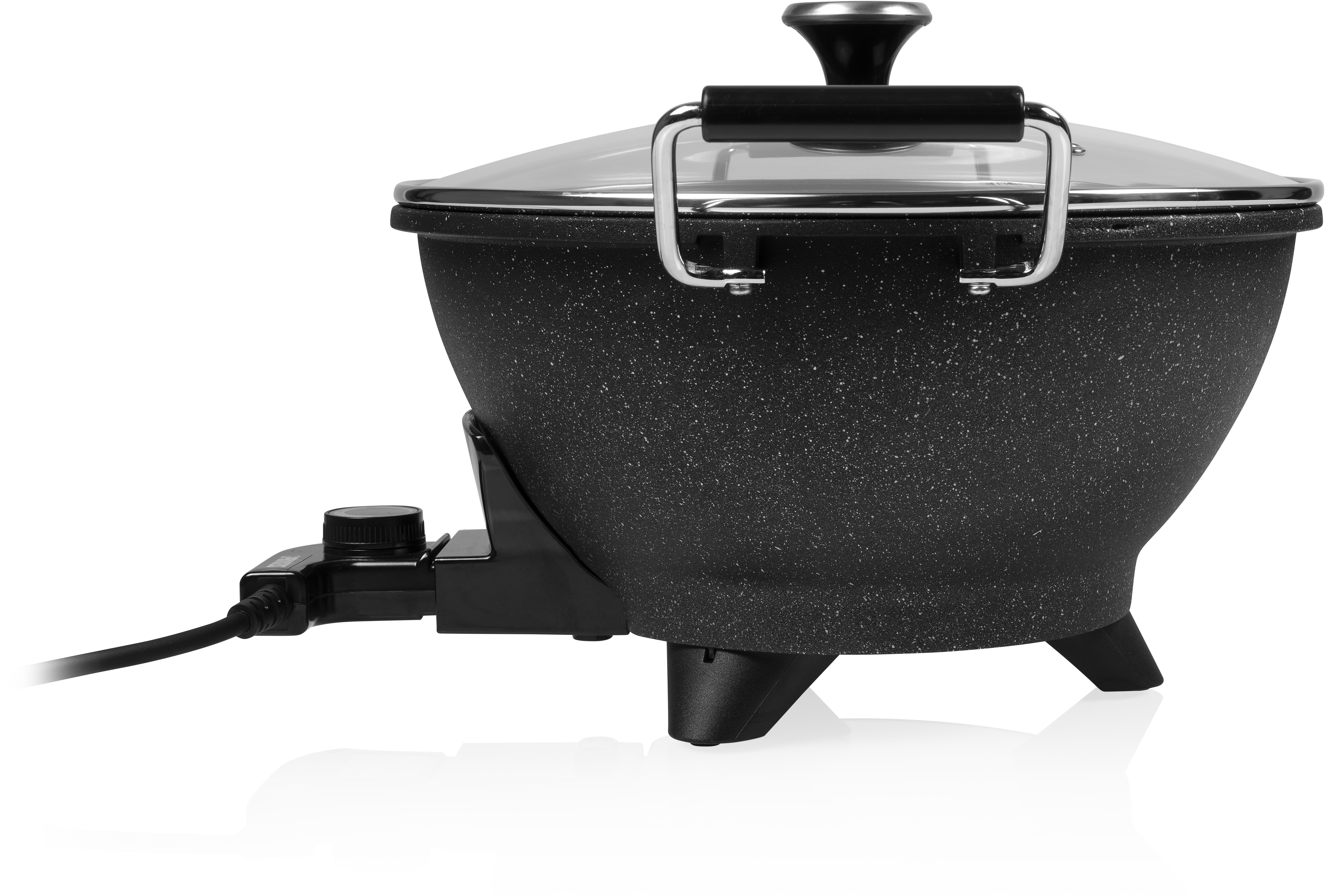 Black electric wok with glass lid. It has a temperature control and is on three legs.
