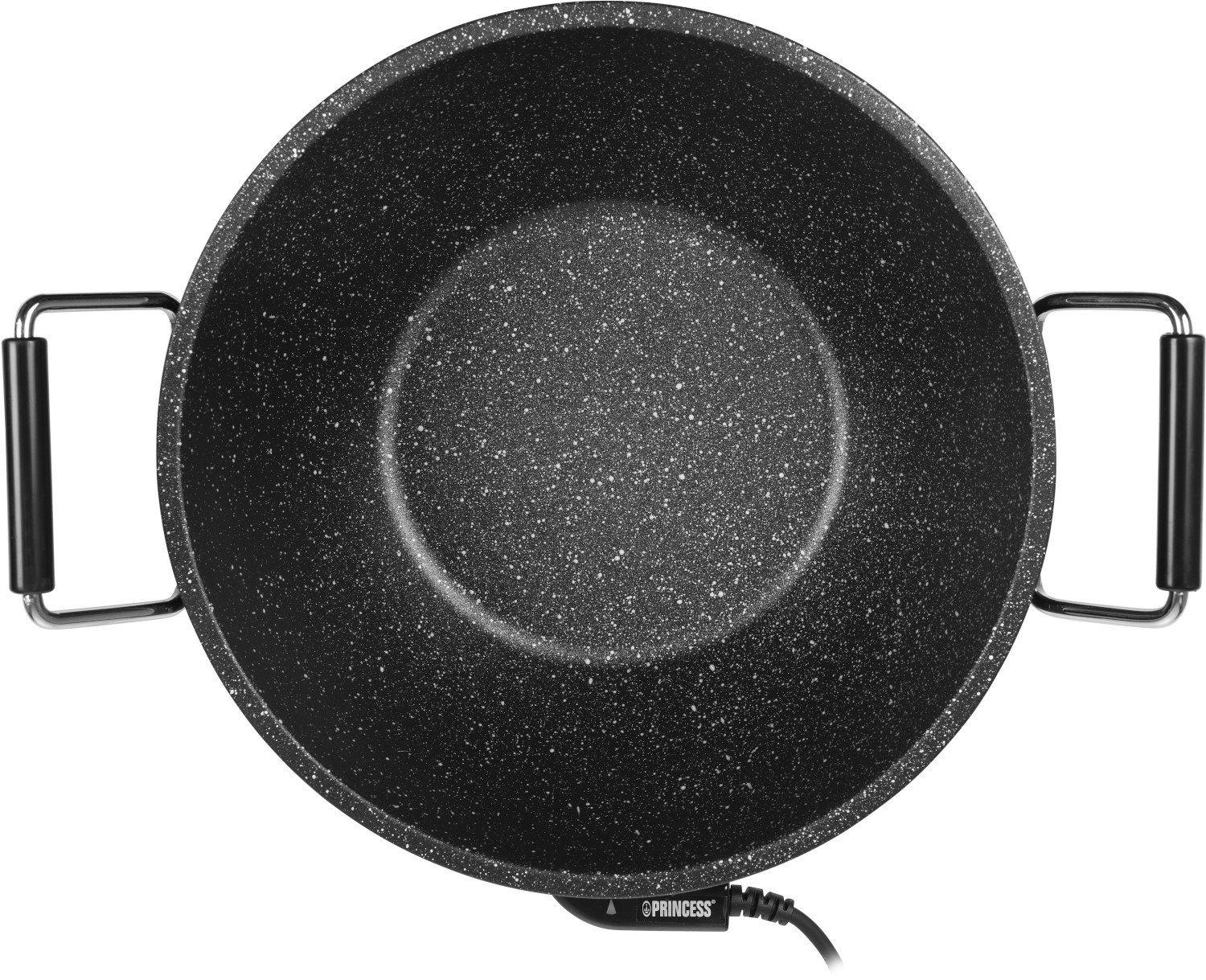 A top-down view of a black, speckled cooking pot with handles.