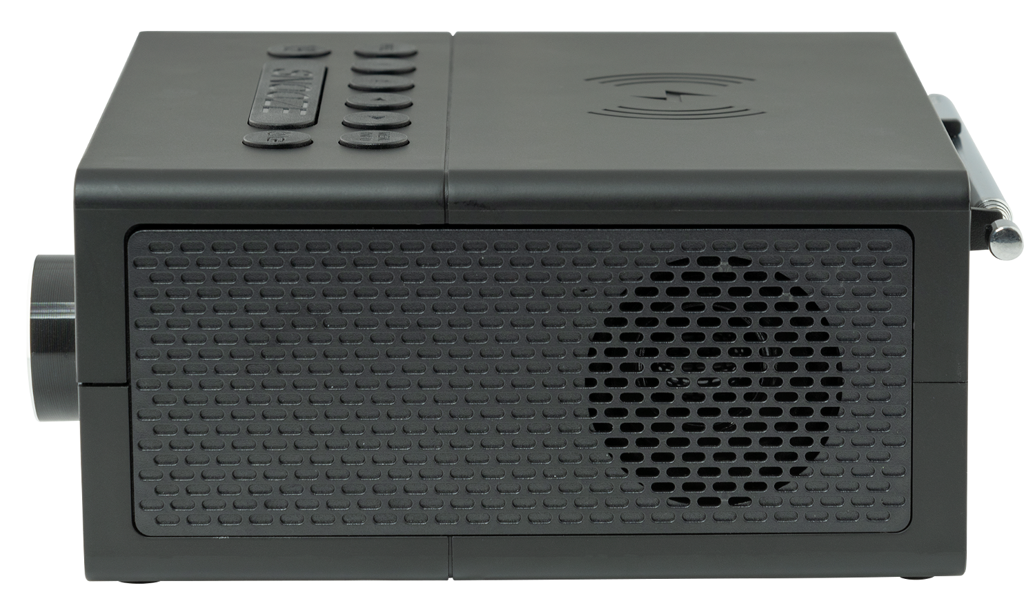 Ein schwarzes Radio mit einem Gitter, Knöpfen und einem Symbol für kabelloses Laden.