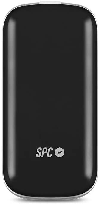 Cargador portátil negro con el logo SPC y un pequeño pájaro blanco.