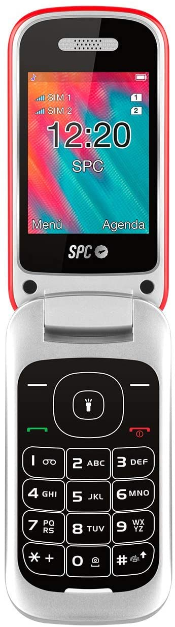 Un teléfono plegable rojo y plateado abierto con la hora y el menú en la pantalla.