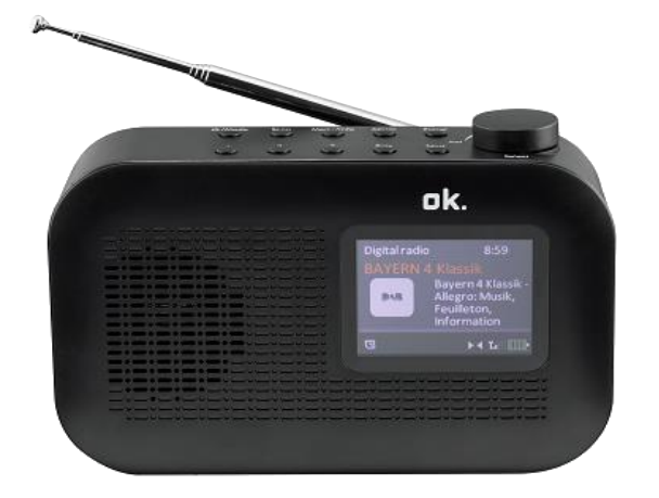 Schwarzes Digitalradio. Verfügt über einen Bildschirm mit Informationen und Bedienelementen.