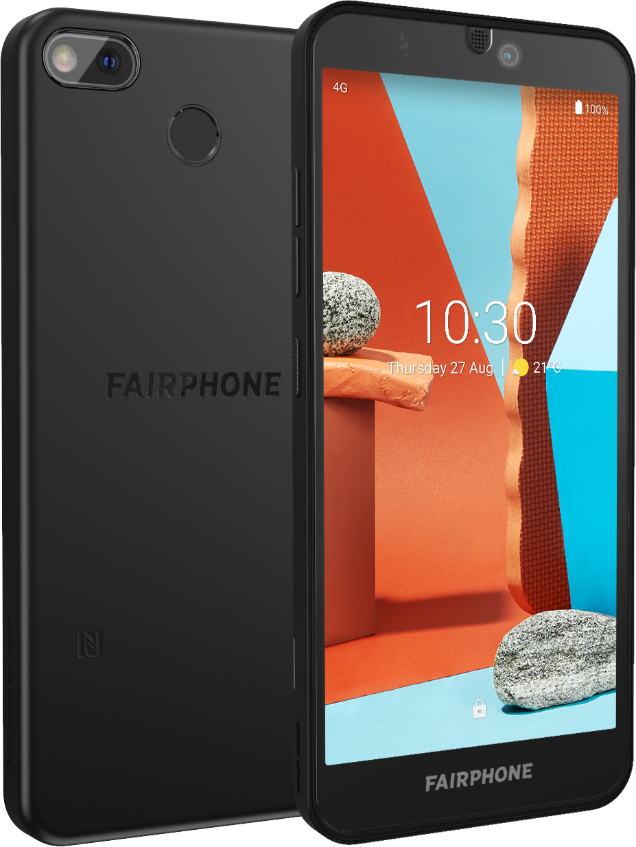 Ein schwarzes Fairphone, das zwei Winkel zeigt. Der Bildschirm zeigt die Zeit und das Fairphone-Logo ist sichtbar.
