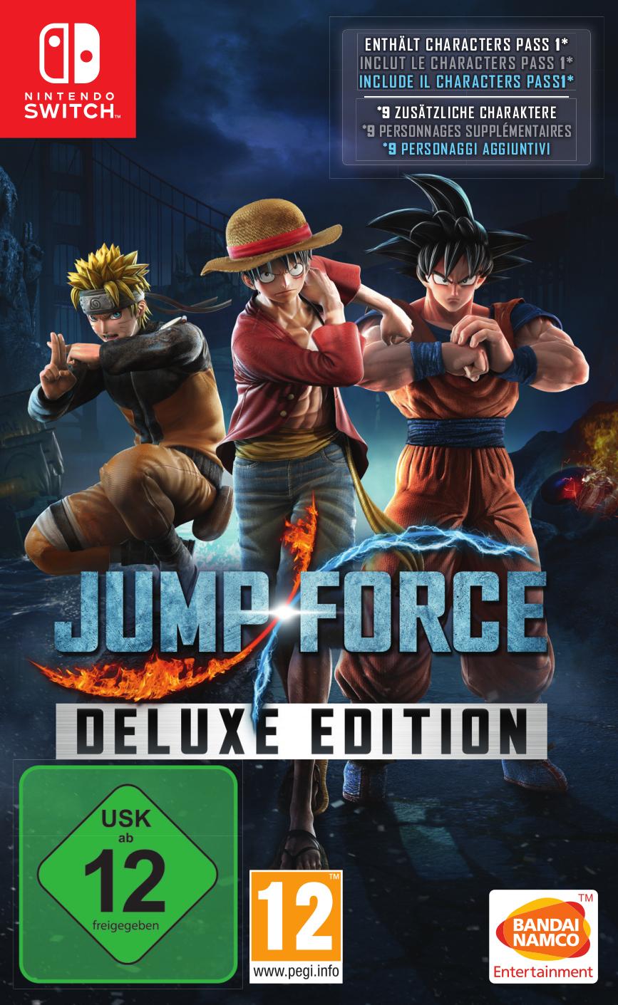 Ein Nintendo Switch-Spielcase, Jump Force Deluxe Edition, wird gezeigt.