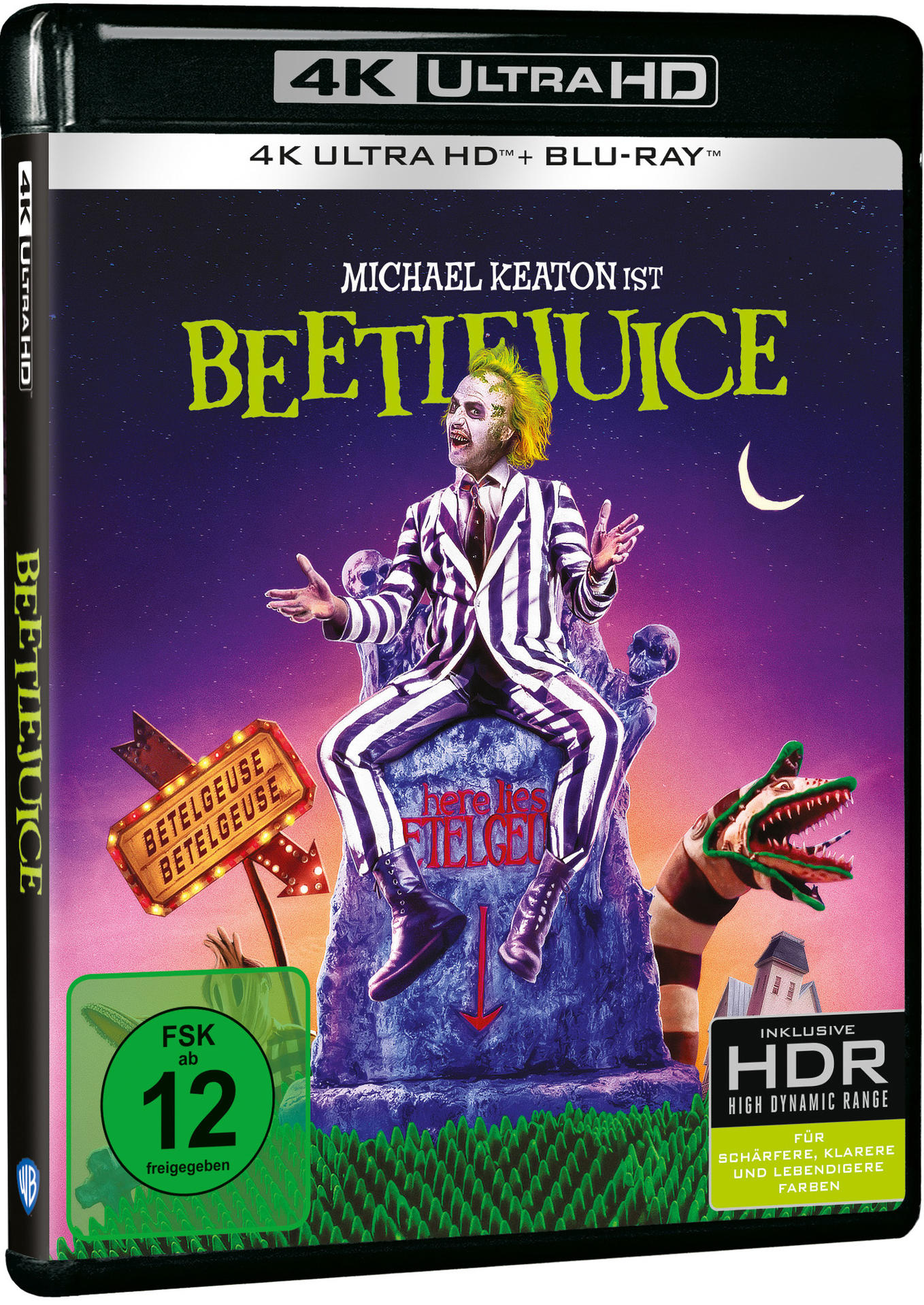 Ein Beetlejuice 4K Ultra HD Blu-ray-Filmcase mit dem Cover-Art des Films.