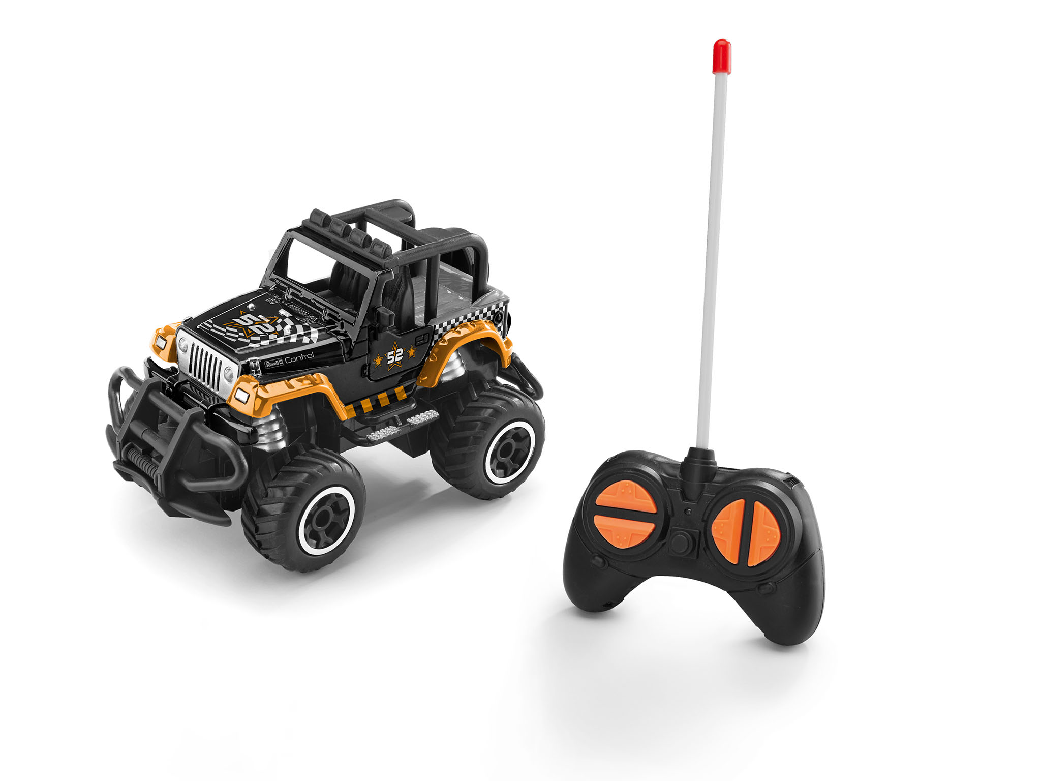 Ein schwarz-goldener ferngesteuerter Spielzeug-Truck und seine Fernbedienung auf weißem Untergrund.