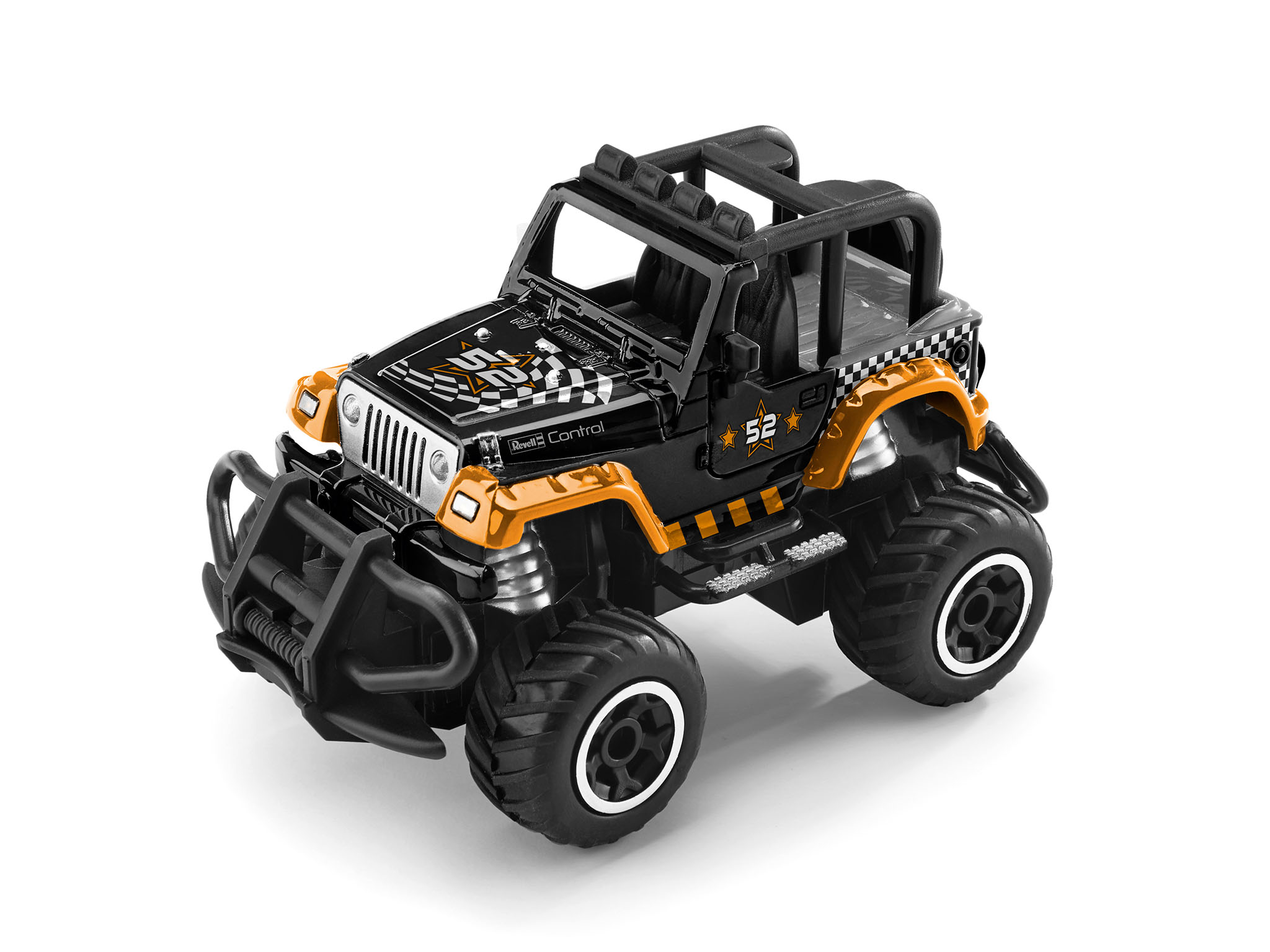 Schwarzer und orangefarbener ferngesteuerter Spielzeug-Jeep auf weißem Grund.